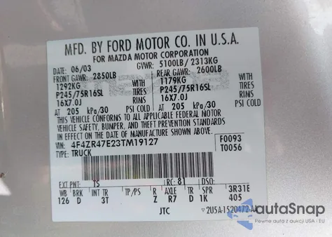 2003 Mazda B4000 Se from USA, damaged, VIN 4F4ZR47E23TM19127